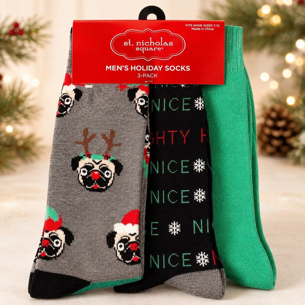 NWT St Nicholas Square Men’s Christmas Holiday Socks 3 Pack Pug Size 7-12